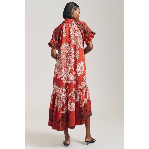 By ANTHROPOLOGIE Ruffle-Sleeve Maxi Dress S Tiered Medallion Print Boho Breezy - Picture 3 of 12